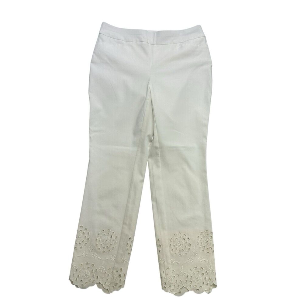 Chicos Pants Womens 00P 2P White Capri Embroidered Pull On Stretch Mid Rise